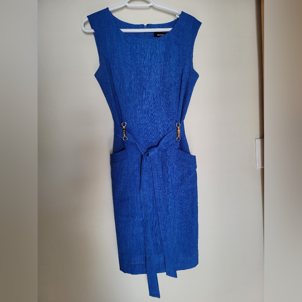 Ellen Tracy Royal Blue Midi Dress with Gold Accents